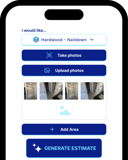 MEasure mobile application interface showing the AI-powered flooring estimation process